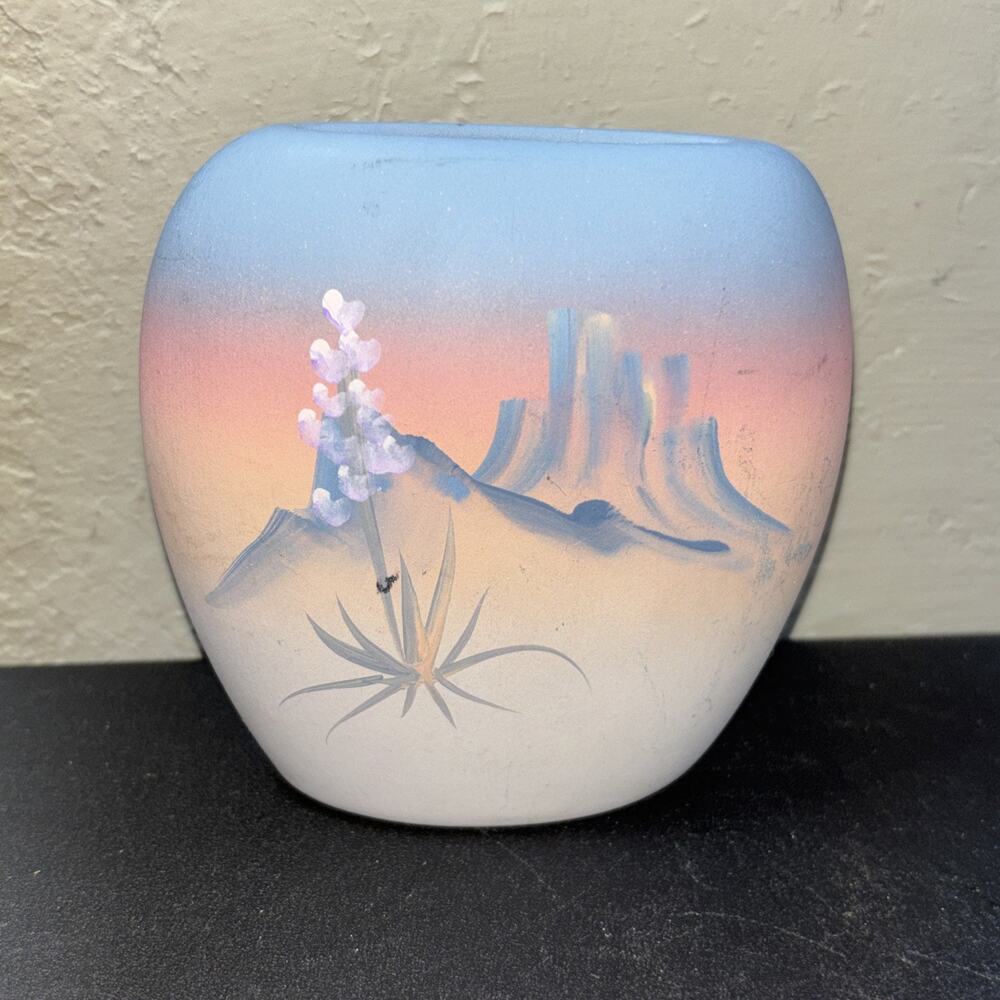 Vtg New West Pottery Hand Painted South Western Vase Cactus Signed 4"